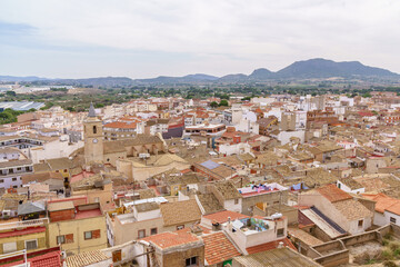 Sax, Spain. October 25, 2022. Elevated view of a town in the Valencian Community