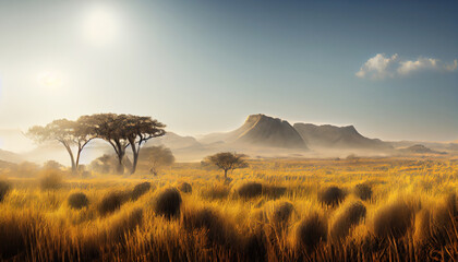 African savanna with mountain in national wild park - obrazy, fototapety, plakaty