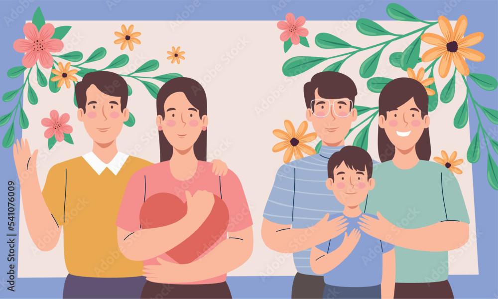 Wall mural korean parents couples and son with flowers