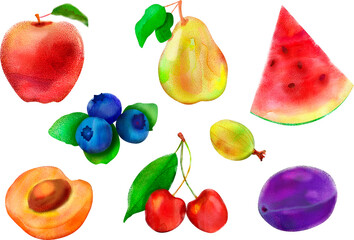 Realistic fruits illustration. Fruit textured aquarell illustration set. Isolated fruits and berries
