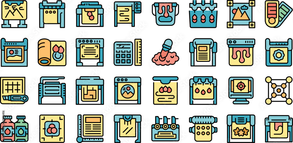 Poster plotter icons set outline vector. printer machine. copy offset thin line color flat on white