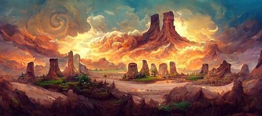 Awe inspiring sandstone butte pillar rock formations, ancient inscribed canyon valley monolithic arches and cliffs - wild flowers and majestic epic surreal turbulent storm clouds. 