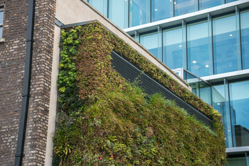Green ecological facade of skyscraper covered in plants in capital Dublin