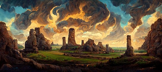 Awe inspiring sandstone butte pillar rock formations, ancient inscribed canyon valley monolithic arches and cliffs - wild flowers and majestic epic surreal turbulent storm clouds. 