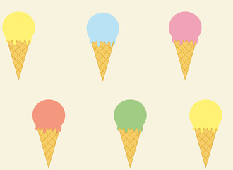 colored different ice cream set in waffle cone pattern background