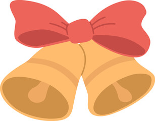 Cartoon golden Christmas bells with red bow. Flat vector illustration.