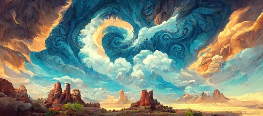 Fototapeta premium Awe inspiring sandstone butte pillar rock formations, ancient inscribed canyon valley monolithic arches and cliffs - wild flowers and majestic epic surreal turbulent storm clouds. 