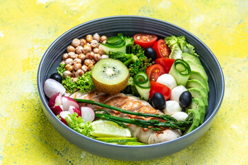 Trendy salad. Chicken grilled fillet with salad fresh vegetables and fruits, ketogenic diet lunch concept, banner, menu recipe place for text, top view