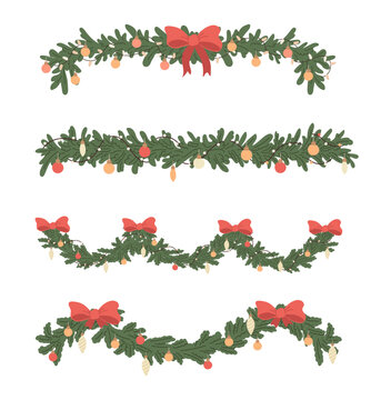 Set of cartoon Christmas fir garlands, border, red bow and light. Xmas decor, fir tree branches. Flat vector illustration. Holidays, New Year decoration