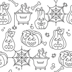 Seamless pattern  Halloween. Vector linear illustration.  Pumpkins and cobwebs with spiders.
