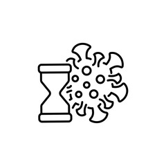 Incubation period related vector thin line icon. Incubation time - hourglass and virus. Isolated on white background. Editable stroke.