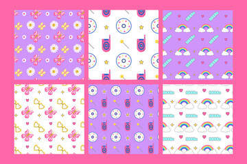 2000s groovy pattern set. Old mobile phone, rainbow, daisy, lollipop, butterfly, compact disc, star on white or colorful background. 2000 retro seamless pattern. Y2k vector illustration in flat style.