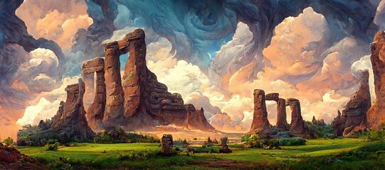 Awe inspiring sandstone butte pillar rock formations, ancient inscribed canyon valley monolithic arches and cliffs - wild flowers and majestic epic surreal turbulent storm clouds. 