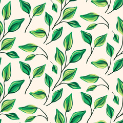 Seamless pattern with hand drawn foliage, small green leaves on thin branches. Fresh botanical print, abstract arrangement of painted leaves, thin twigs on white background. Vector illustration.