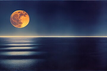 The moon glows over the water. 3D rendering. Raster illustration.