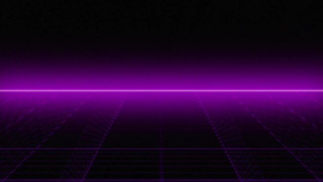 Purple 1980's vintage cyberpunk neon perspective grid, initial retro video game screen. Vaporwave abstract animation clip