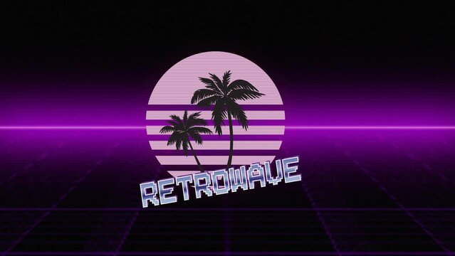 Purple 1980's vintage cyberpunk neon perspective grid, initial retro video game screen. Vaporwave abstract animation clip