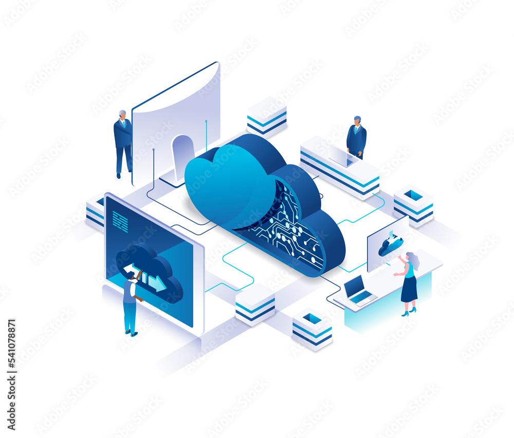 Poster cloud computing service isometric landing page. concept of innovative technology for file storage, d