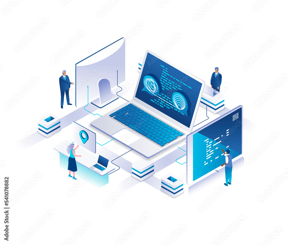 Poster business coaching isometric landing page. concept of career development seminar, training or educati