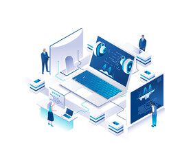 Corporate business training, seminar, webinar or course isometric landing page. Concept with tiny people learning at control panels around giant laptop computer. Illustration for website.