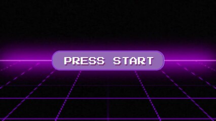 Purple 1980's vintage cyberpunk neon perspective grid, initial retro video game screen with the written text "press start" in a pop-up window. Vaporwave abstract animation clip - Powered by Adobe