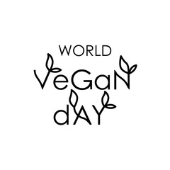 World Vegan day 1 November stamp isolated on white background. Modern brush ink calligraphy. Hand lettering design for card, sticker, logotype, print. Vector illustration with text and green leaves
