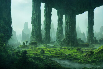 lush alien landscape with forest