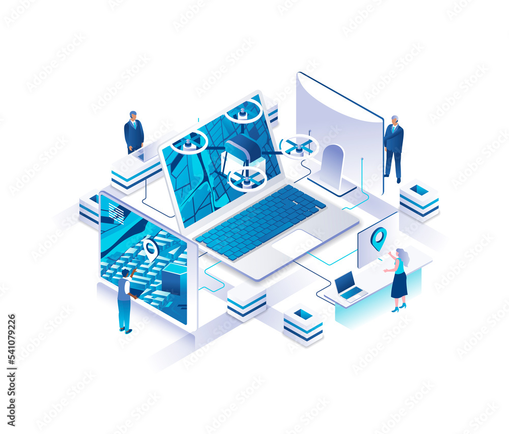 Leinwandbilder internet drone delivery service isometric landing page. concept with tiny people working around gian