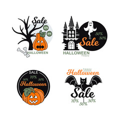 Halloween sale icons. Vector illustration. Discount stickers. Pumpkins, castle, bat.
