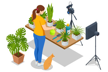 Isometric video blogger planting flower, gardening and housework. Woman or blogger planting pot flowers with camera recording tutorial video at home. Gardening, hobby