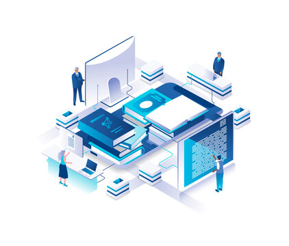 Distant education, online learning, digital knowledge, internet course isometric landing page. Concept with tiny people or students around pile of giant books or textbooks. Illustration for website.