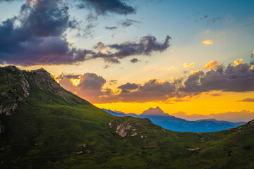 Obraz premium Beautiful sunset mountain scenery at Rifugio Passo Valparola. Falzarego pass, Dolomites, South Tirol, Italy, Europe.