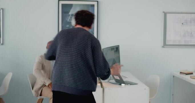 Man, designer and dancing with music headphones in architecture, engineering or realtor office building with energy. Fun employee, success dance or playful intern worker with radio and black manager
