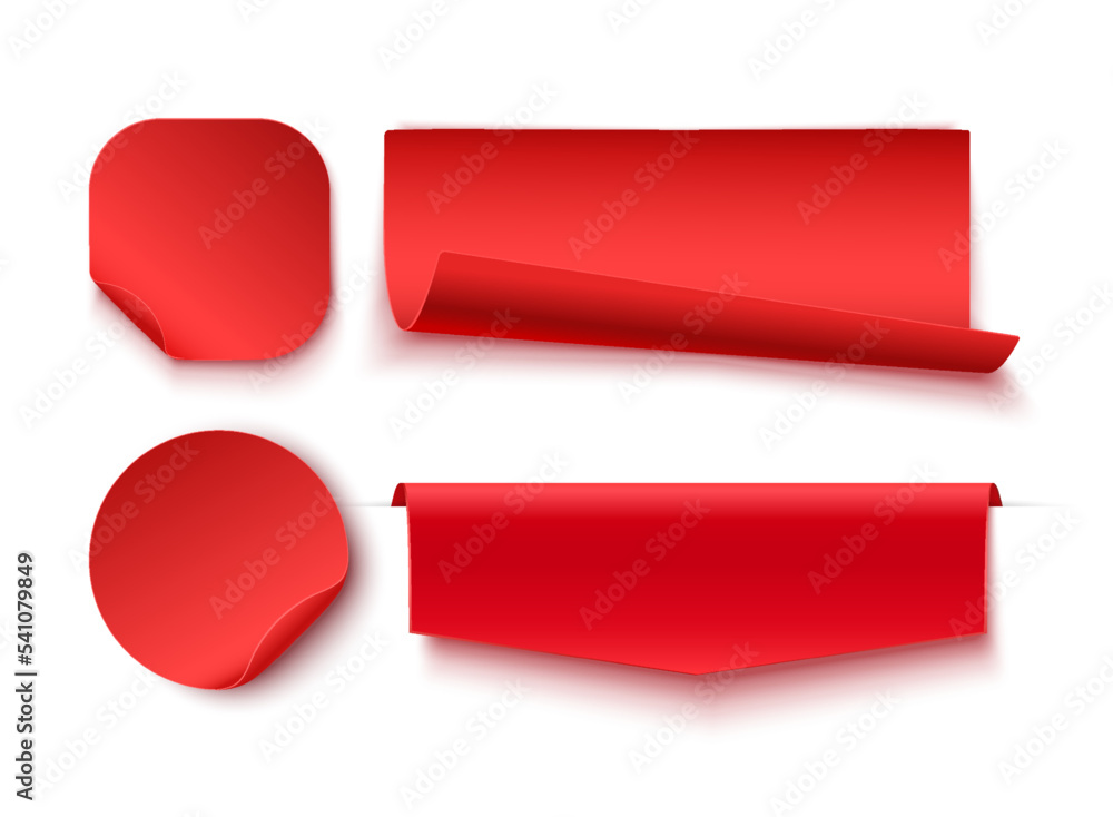 Wall mural Red blank tags, labels or badges are isolated on white background. Different shape curved ribbons