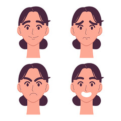 Set of woman's emotions. Facial expression. Girl with dark hair avatar. Vector illustration of a flat design isolated on white background.