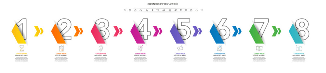 Vector timeline infographics with eight steps, icons, flowchart, workflow and process infographic. Illustration template with arrows.