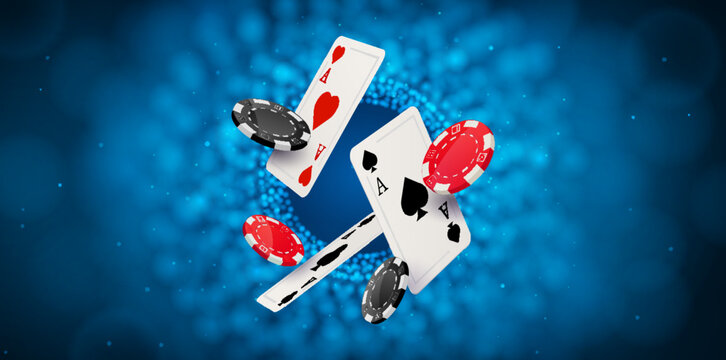 Poker casino background gamble vegas vector banner design. Casino poker flying cards and chips.