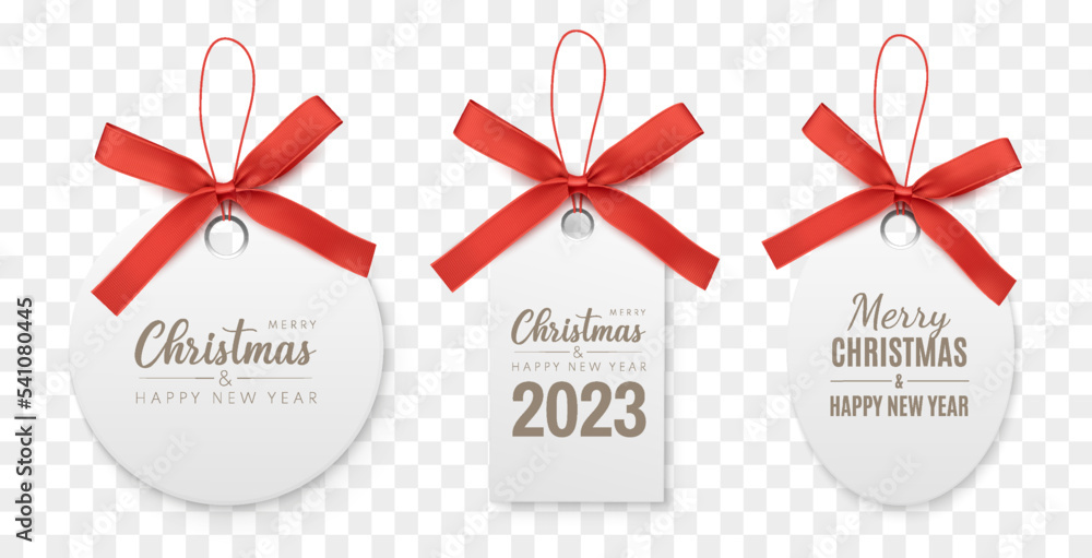 Wall mural merry christmas and happy new year label. different shape tags with red ribbon. vector illustration