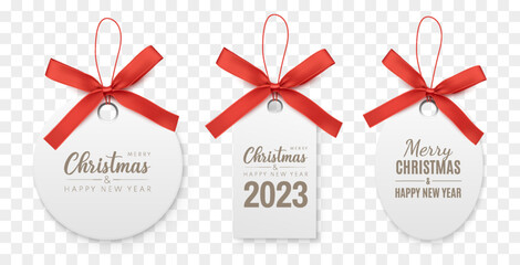 Merry Christmas and Happy New Year label. Different shape tags with red ribbon. Vector illustration - 541080445
