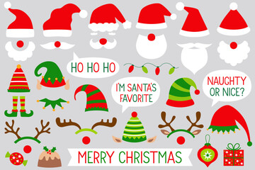 Santa and elf hats, deer horns, Christmas vector clip art set