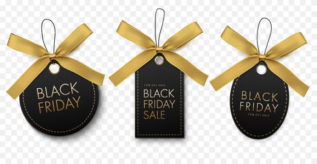 Black Friday sale label with gold bow and ribbon isolated on white background. Vector illustration