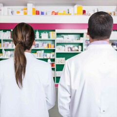 pharmacists in pharmacy, from the back