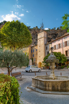 Travel destination, small old village in hear of Provence Cotignac with famous cliffs with cave dwellings and troglodytes houses, Var, Provence Alpes Cote D'Azur, France