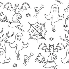 Seamless pattern Happy Halloween. Vector linear illustration.  Ghosts and cobwebs with spiders, broom.
