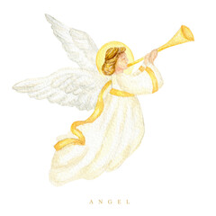 Christmas angel with trumpet watercolor illustration, Christian Nativity angel with wings isolated on a white background, design for religious baptism invitation, greeting card