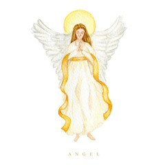 Christmas angel watercolor illustration, Christian Nativity angel with wings isolated on a white background, design for religious baptism invitation, greeting card