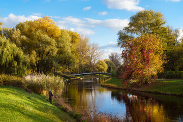 Piękny kolorowy park sfotografowany jesienią w Warszawskim parku Kępa Potocka  - obrazy, fototapety, plakaty