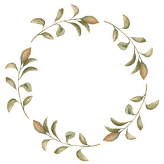 Watercolor wreath of autumn yellow twigs, leaves