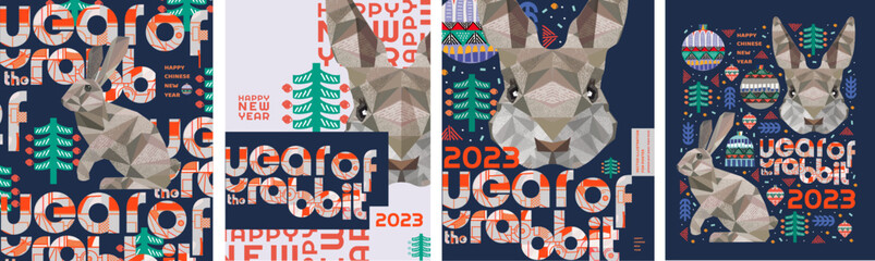 Chinese New Year 2023 modern art design Set for greeting card. Vector illustrations for the year of the rabbit: hare, Christmas tree, text, Christmas toy for a card, poster or background