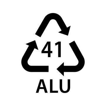 metal recycling code ALU 41, aluminium, soft drink cans, deodorant cans, disposable food containers, aluminium foil symbol, ecology recycling sign, identification code, package waste black fill icon